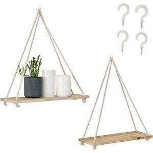 Hanging Shelves for Wall [Set of 2 w/ Hooks] Wooden Shelf Macrame Rope